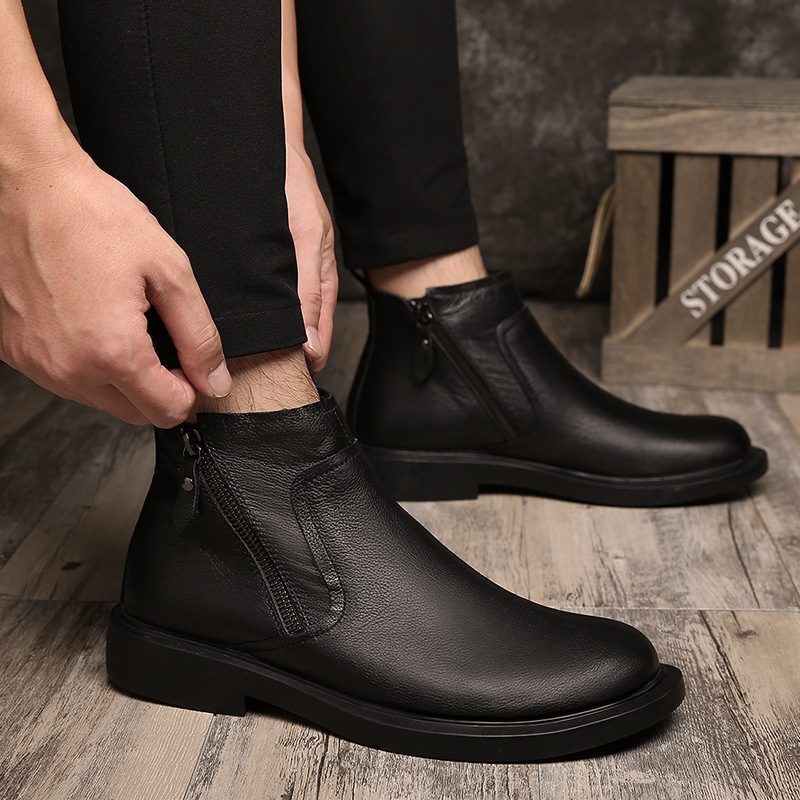 Martin Boots Męskie Krótkie Buty Ze Skóry Bydlęcej Z Okrągłym Noskiem Na Zamek Błyskawiczny Skórzane Średniej Wysokości Modne Retro