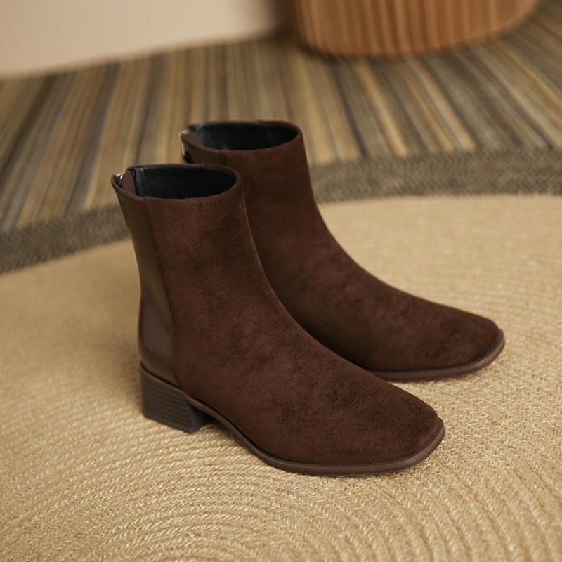 9322-3 Suede Stitching Square Toe Martin Boots Jesienny I Zimowy Zamek Błyskawiczny Z Tyłu Gruby Obcas Krótkie Buty Damskie Średni Elastyczny