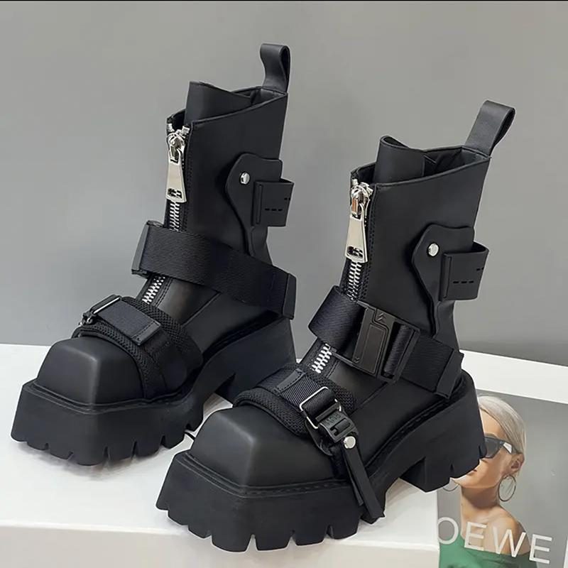 Martin Buty Damskie 2024 Jesień I Zima Nowy Kwadratowy Nosek Dopasowane Kolory Grube Dno Zamek Błyskawiczny Z Przodu Krótkie Klamra Paska Chelsea Boots Women