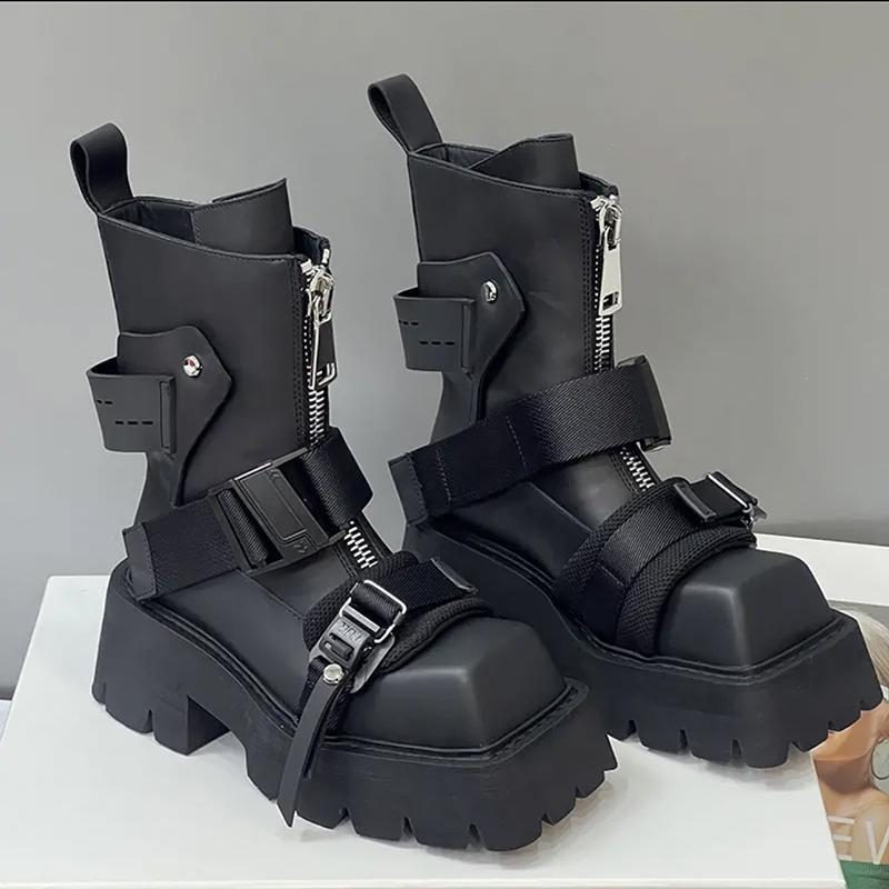 Martin Buty Damskie 2024 Jesień I Zima Nowy Kwadratowy Nosek Dopasowane Kolory Grube Dno Zamek Błyskawiczny Z Przodu Krótkie Klamra Paska Chelsea Boots Women