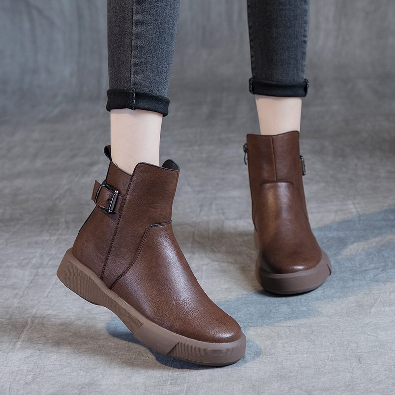 Street Shot Krótkie Buty Ze Skóry Bydlęcej 2024 Jesienne I Zimowe Nowe Damskie Płaskie Retro Pojedyncze Duże Rozmiary Martin Boots