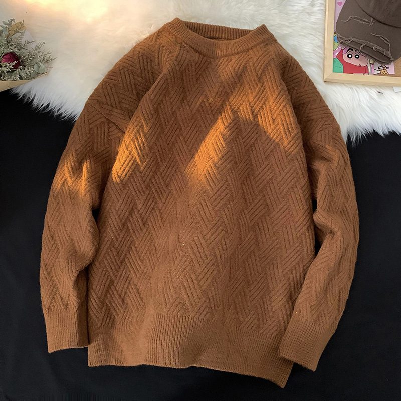 Jednolity Kolorowy Sweter Z Okrągłym Dekoltem Męski Luźny W Stylu Retro Z Rombową Siatką