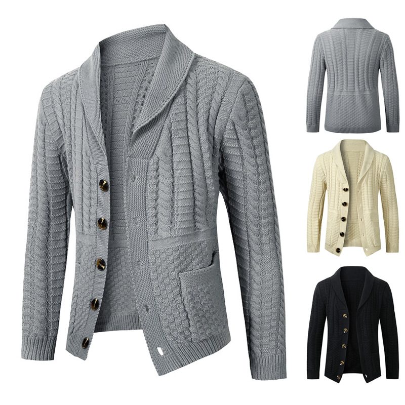 Sweter Męski Twisted Cardigan Lapel Collar Jednokolorowa Dzianinowa Kurtka