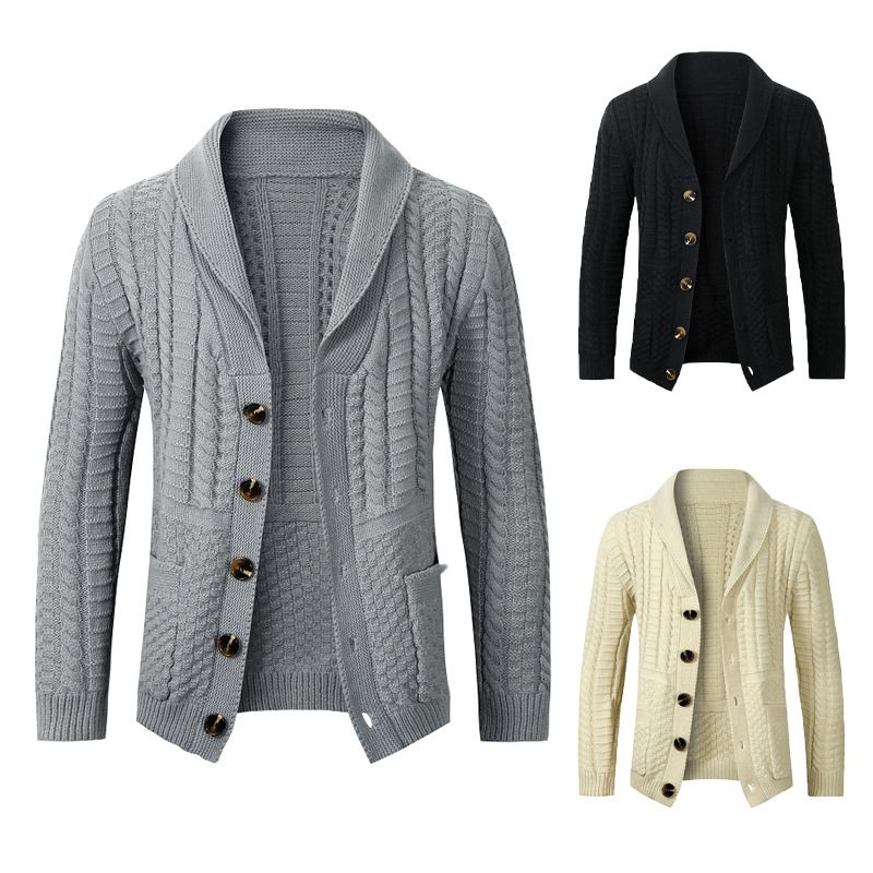 Sweter Męski Twisted Cardigan Lapel Collar Jednokolorowa Dzianinowa Kurtka