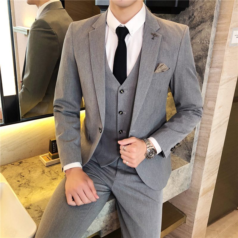 Garnitur High-end Men Solid Color Casual Trzyczęściowy Slim Dress