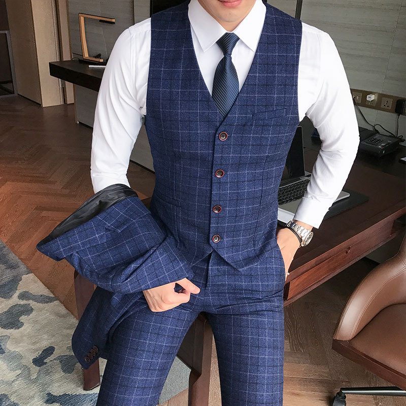 Garnitur Męski Trzyczęściowy W Kratę Business Casual Formalny Strój