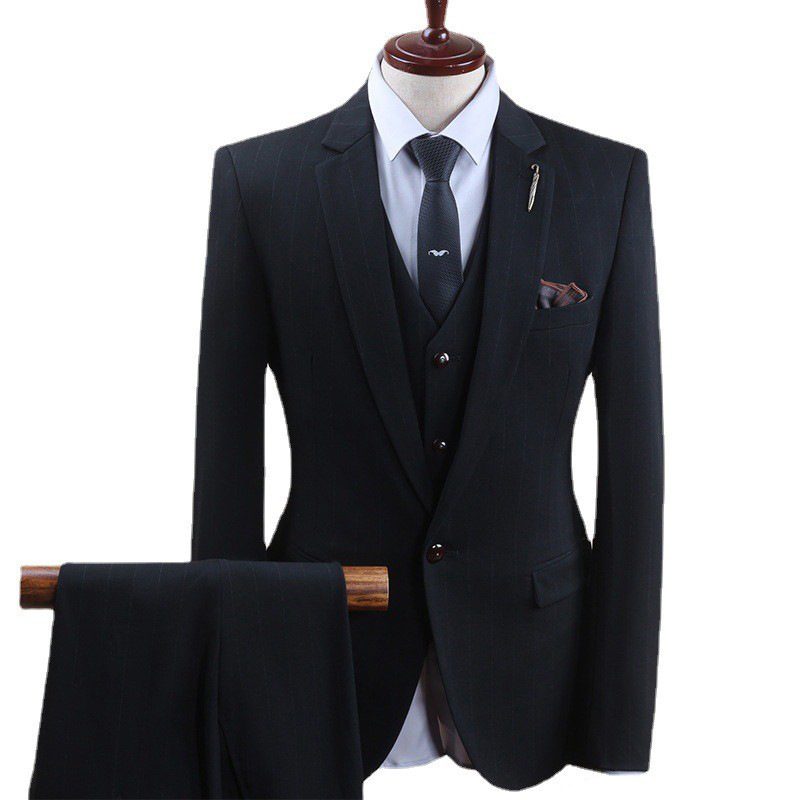 Garnitur Męski Trzyczęściowy W Paski Formalny Zapinany Na Jeden Guzik Business Casual Slim Groom Wedding Dress