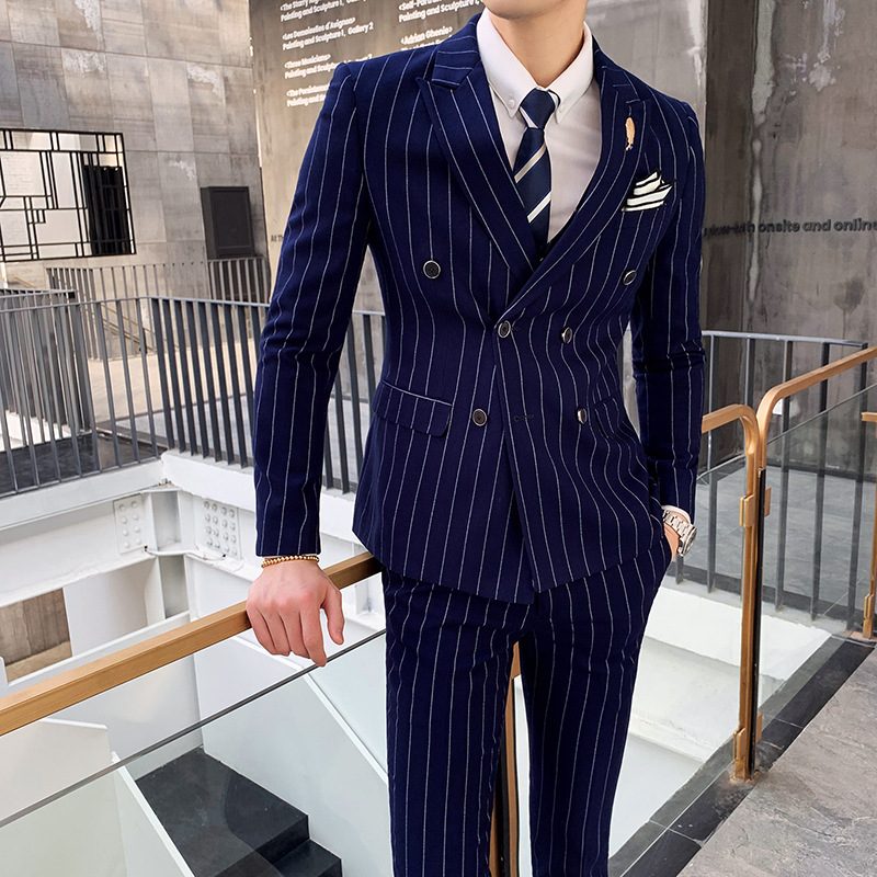 Garnitury Męskie Business Casual Solid Color Striped Trzyczęściowy Garnitur Slim Dwurzędowe Paski