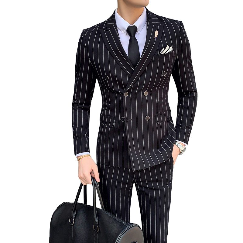 Garnitury Męskie Business Casual Solid Color Striped Trzyczęściowy Garnitur Slim Dwurzędowe Paski