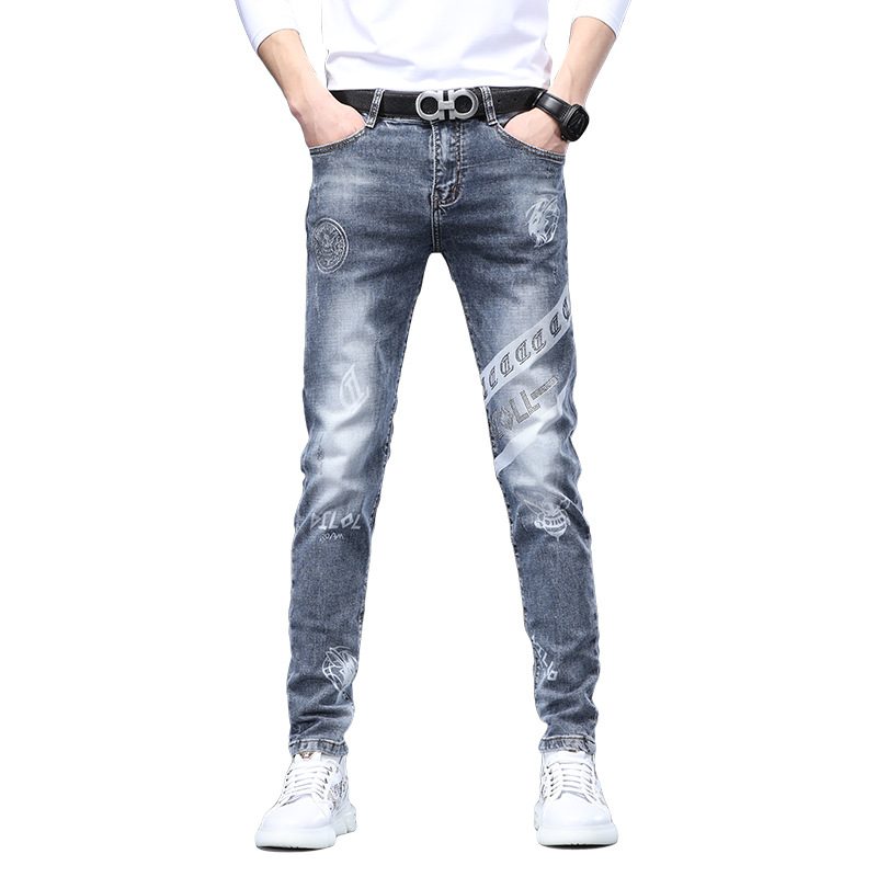 Męskie Jeansy Rust Flower Hot Drill Odblaskowy Stretch Slim Fit Małe Otwory Na Stopy