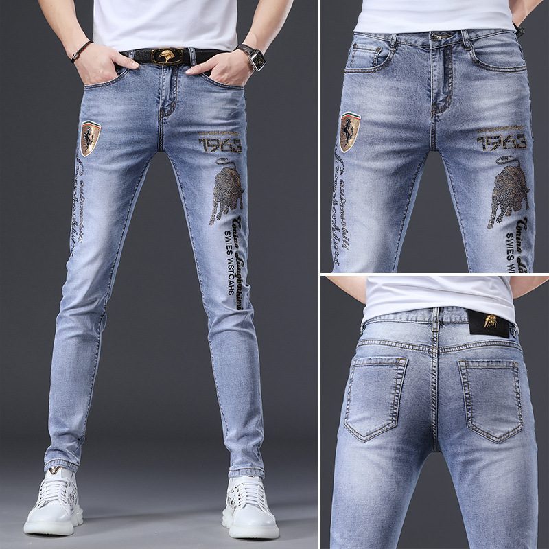 Męskie Jeansy Rust Flower Hot Drill Odblaskowy Stretch Slim Fit Małe Otwory Na Stopy