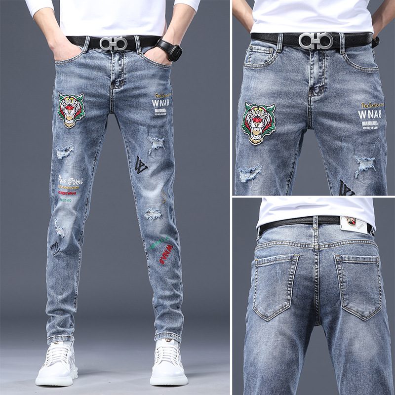 Męskie Jeansy Rust Flower Hot Drill Odblaskowy Stretch Slim Fit Małe Otwory Na Stopy