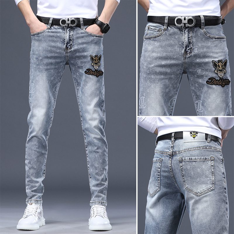 Męskie Jeansy Rust Flower Hot Drill Odblaskowy Stretch Slim Fit Małe Otwory Na Stopy