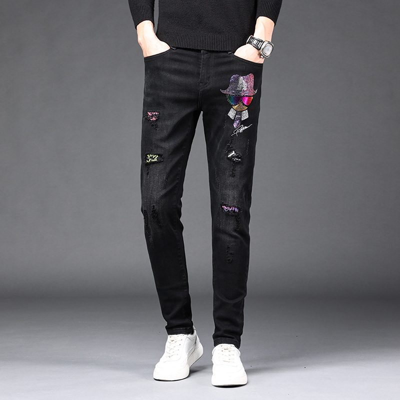 Męskie Jeansy Rust Flower Hot Drill Odblaskowy Stretch Slim Fit Małe Otwory Na Stopy