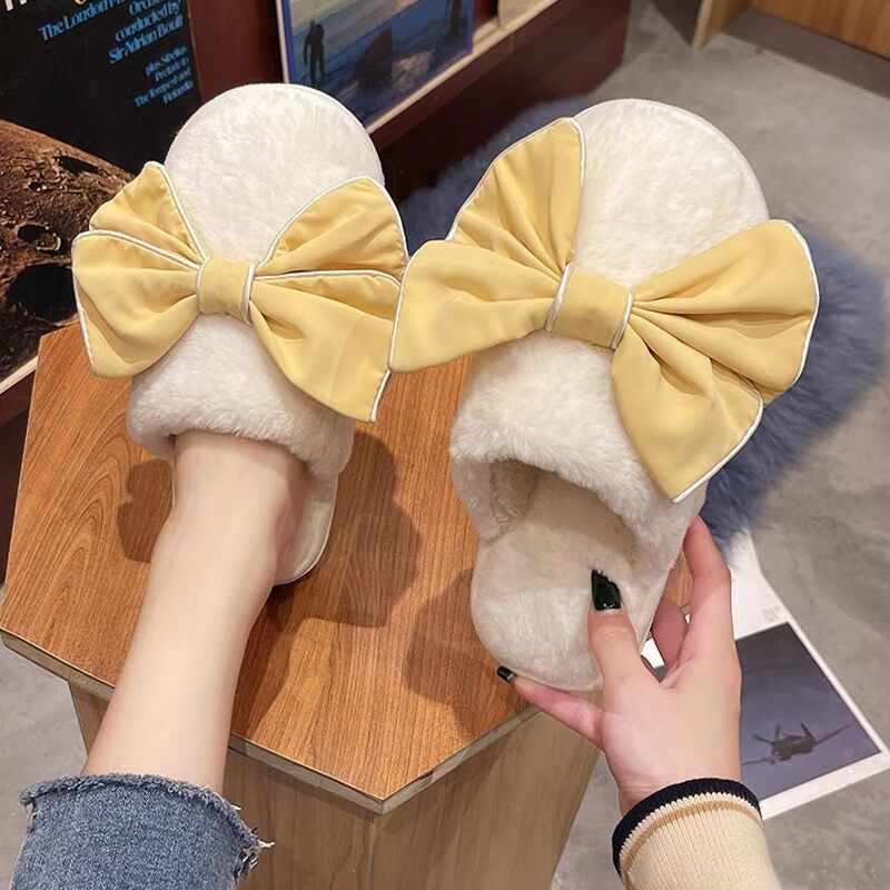 Winter Cute Bowknot Home Męskie Kapcie Domowe I Bawełniane Damskie Antypoślizgowe Ciepłe Outdoor Furry Couple