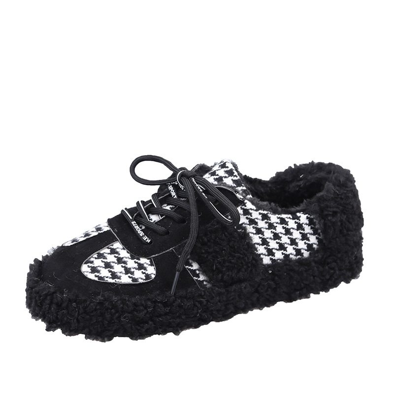 Houndstooth Futrzane Buty Chlebowe Bawełniane Zimowe Plus Aksamitne 2024 Nowe Z Płaskim Groszkiem