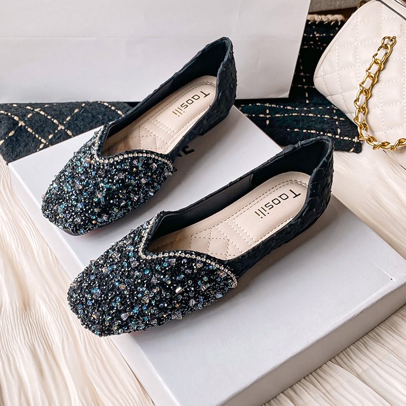 Rhinestone Płaskie Buty Damskie Dno 2024 Nowe Groszek Letnie Eleganckie Duże Rozmiary 41-43