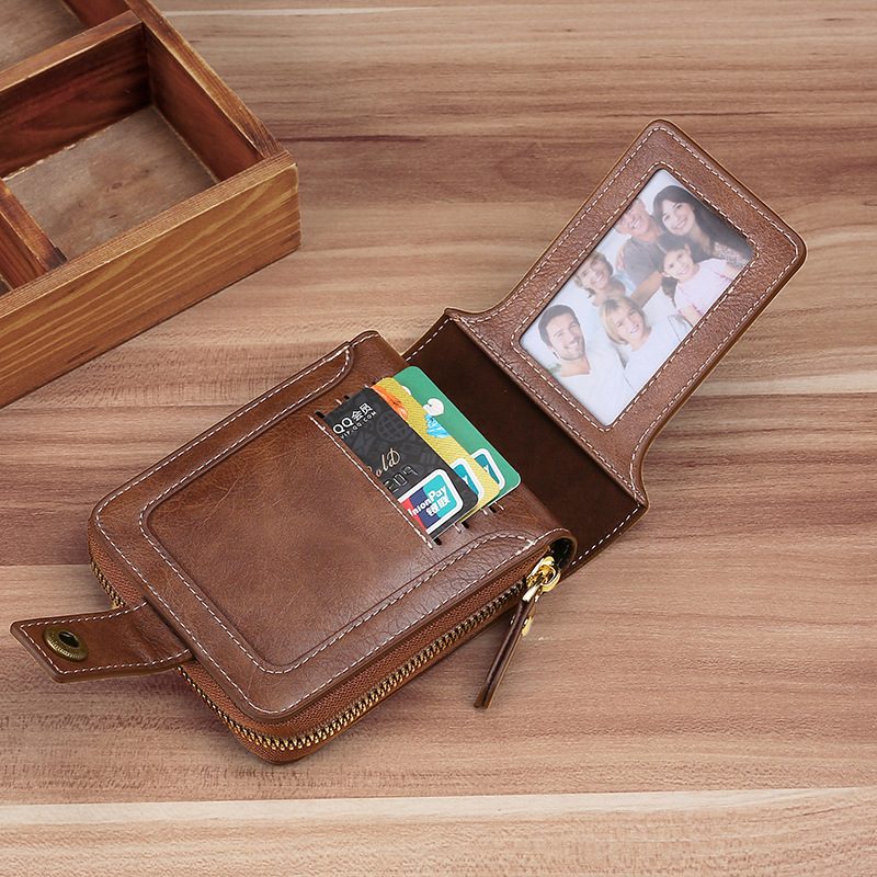 Męski Krótki Portfel Fashion Retro Wielofunkcyjny Zipper Buckle Tri-fold Card Holder