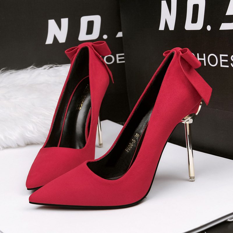 608-5 Fashion Suede Pointed Toe Bowknot Shallow Mouth Stiletto Sexy Wysokie Obcasy Obuwie Damskie