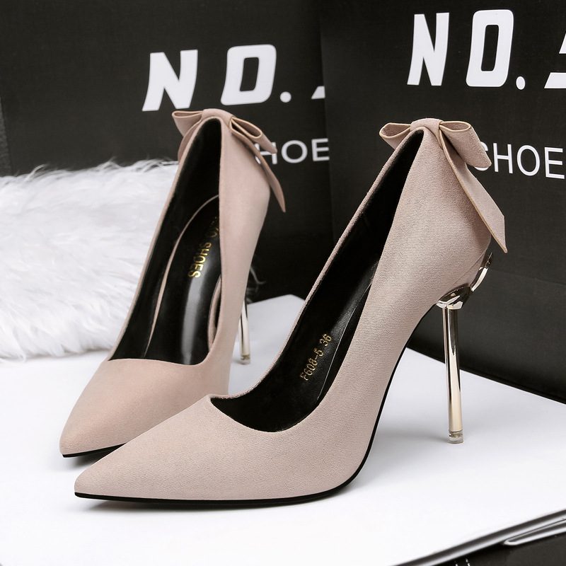 608-5 Fashion Suede Pointed Toe Bowknot Shallow Mouth Stiletto Sexy Wysokie Obcasy Obuwie Damskie