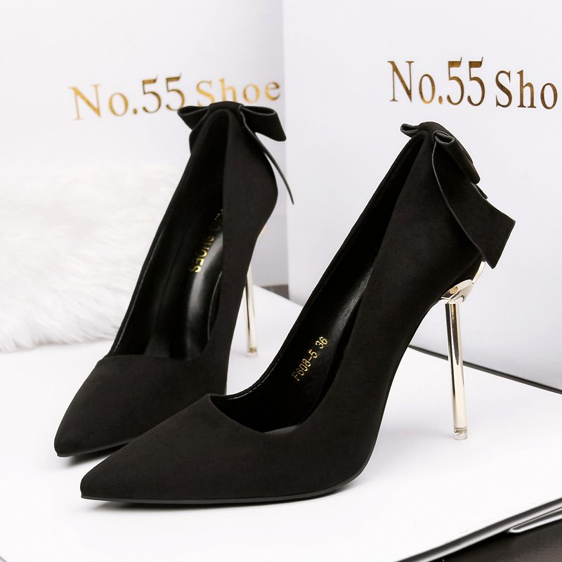 608-5 Fashion Suede Pointed Toe Bowknot Shallow Mouth Stiletto Sexy Wysokie Obcasy Obuwie Damskie