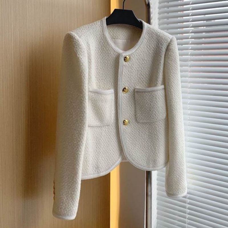 Elegancki Damski Krótki Płaszcz Z Długimi Rękawami Tweed Gold Button Top