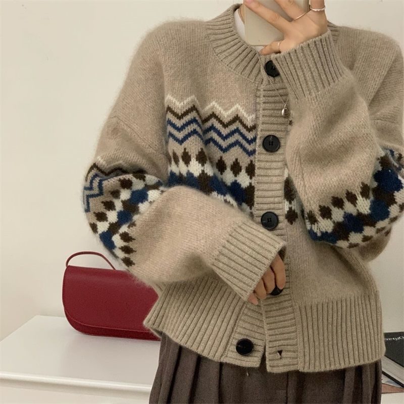 Luźna Odzież Wierzchnia Krótki Sweter Z Dzianiny Damska Retro Żakardowa Kurtka Cardigan