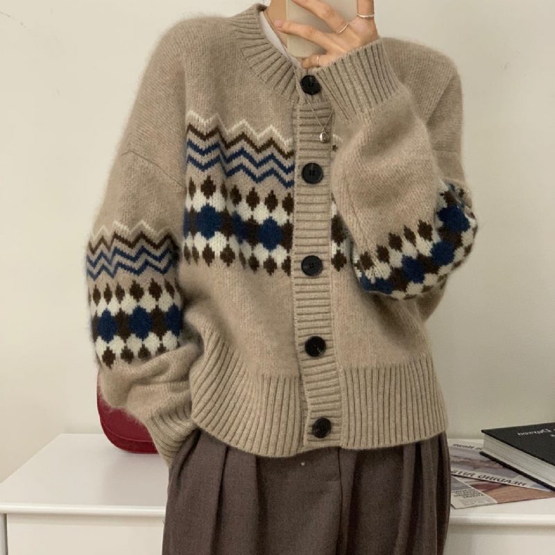 Luźna Odzież Wierzchnia Krótki Sweter Z Dzianiny Damska Retro Żakardowa Kurtka Cardigan