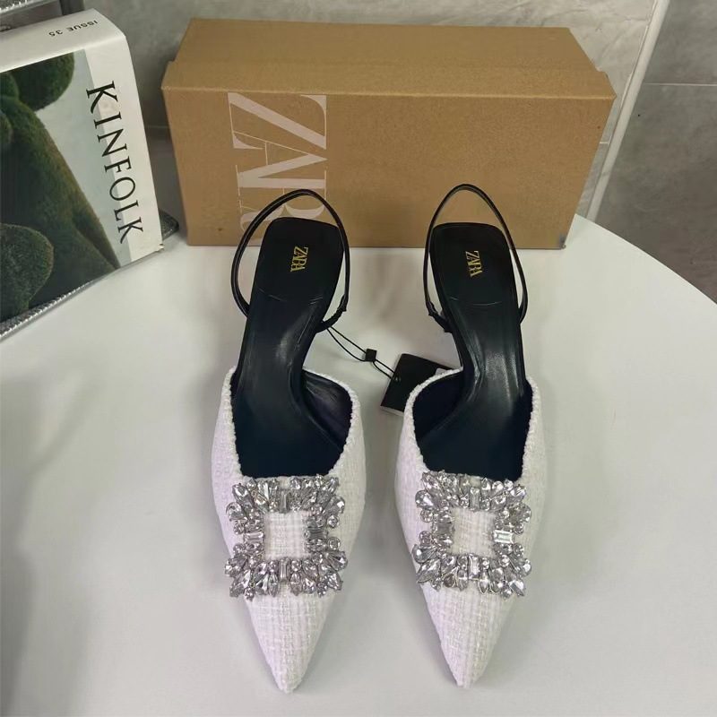 2024 Buty Damskie Na Wysokim Obcasie Płytkie Usta Szpiczasty Nosek Białe Płótno Łączenie Kwadratowa Klamra Ozdoba Rhinestone Sandały Z Paskiem Z Tyłu Dla Kobiet