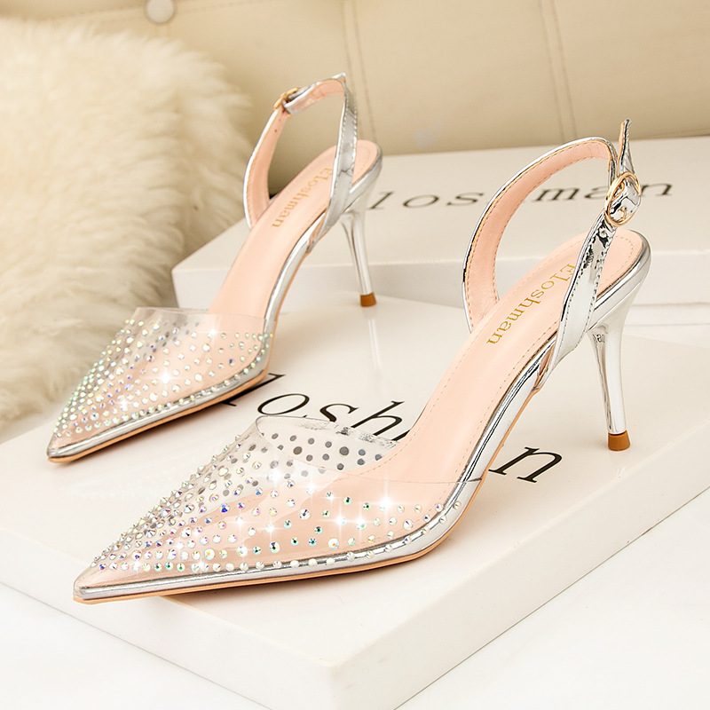 899-26 Pointed Toe Pump Wysokie Obcasy Przezroczyste Rhinestone Modne Sandały Stiletto Hollow Obuwie Damskie