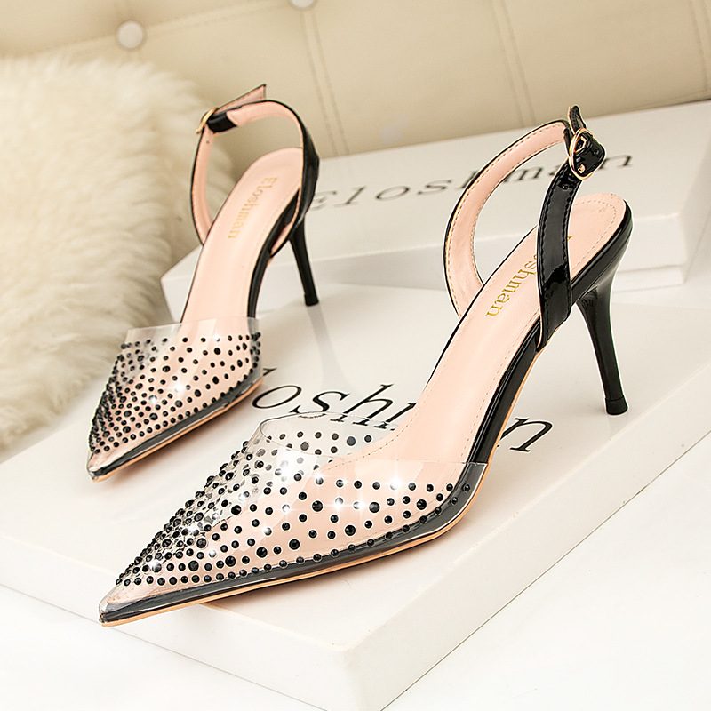 899-26 Pointed Toe Pump Wysokie Obcasy Przezroczyste Rhinestone Modne Sandały Stiletto Hollow Obuwie Damskie