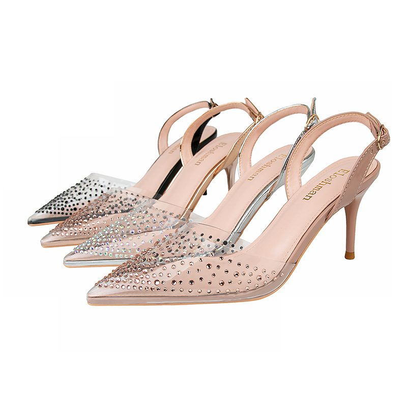 899-26 Pointed Toe Pump Wysokie Obcasy Przezroczyste Rhinestone Modne Sandały Stiletto Hollow Obuwie Damskie