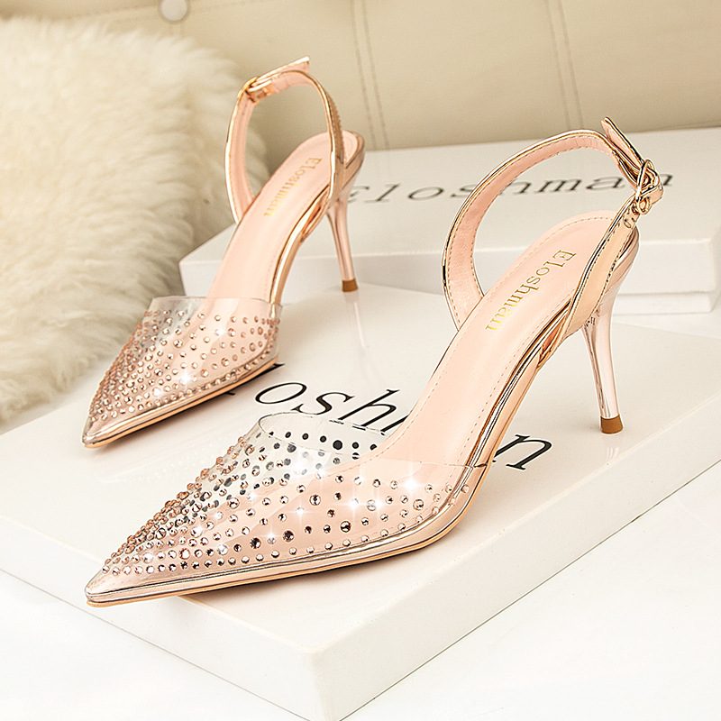 899-26 Pointed Toe Pump Wysokie Obcasy Przezroczyste Rhinestone Modne Sandały Stiletto Hollow Obuwie Damskie