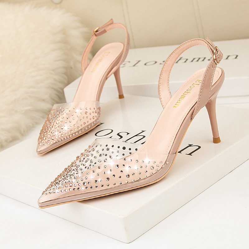 899-26 Pointed Toe Pump Wysokie Obcasy Przezroczyste Rhinestone Modne Sandały Stiletto Hollow Obuwie Damskie