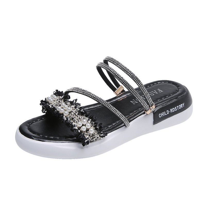 Rhinestone Sandały Damskie Płaskie Buty Letnie Nowe Studenckie Perły Rzymskie Kapcie Fala