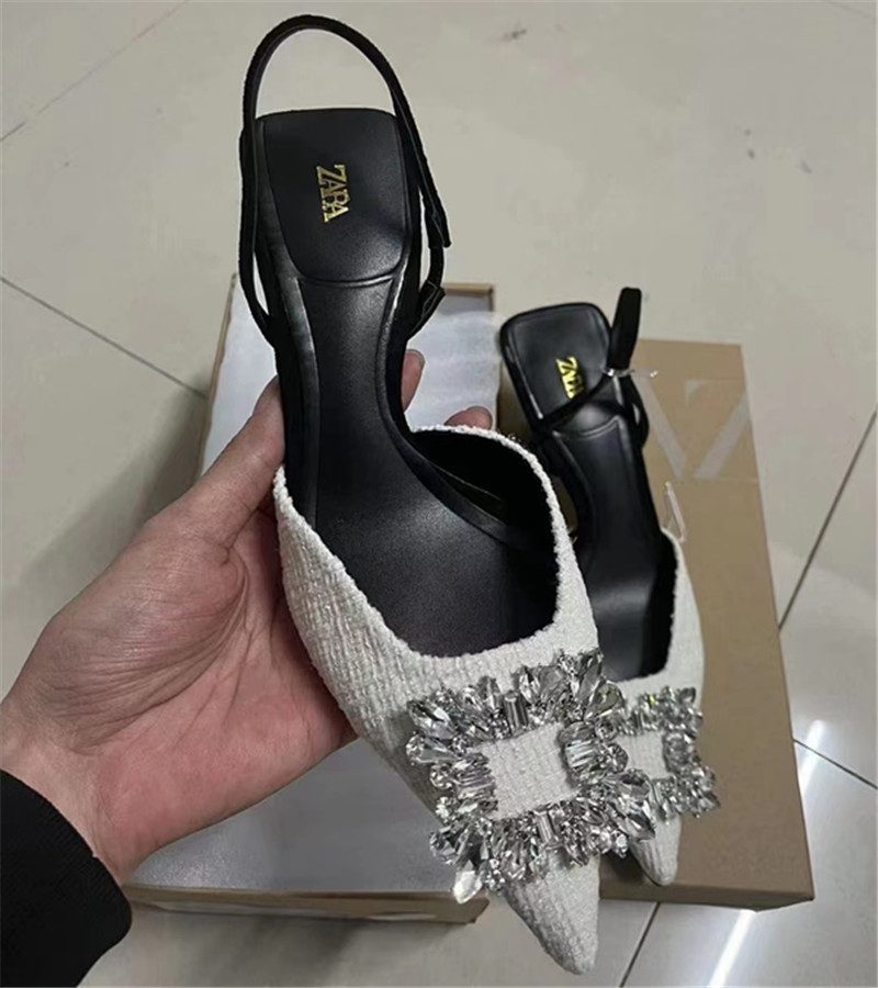 Wiosenne I Letnie Nowe Buty Damskie Rhinestone Kwadratowa Klamra Inkrustowane Jasnymi Dekoracjami Bez Pięty Wysokie Obcasy Szpiczasty Nosek Sandały Na Szpilce Dla Kobiet