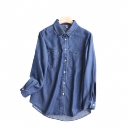 Modna Luźna Koszula Damska Denim Z Długim Rękawem Casual Solid Color Shirt Jacket