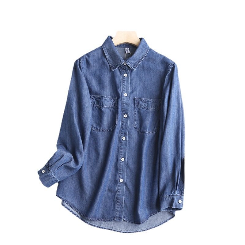 Modna Luźna Koszula Damska Denim Z Długim Rękawem Casual Solid Color Shirt Jacket