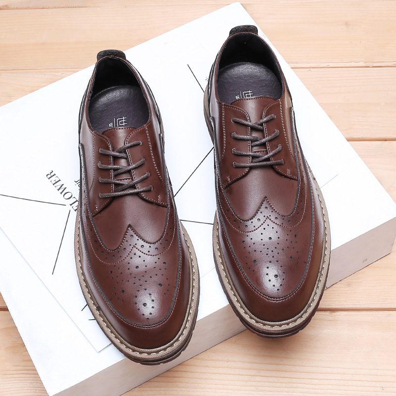 Brogue Shoes Rzeźbione Buty Męskie Gruba Podeszwa Zasznurować Skórzane Czarne Biznesowe Formalne Obuwie Na Co Dzień Modele