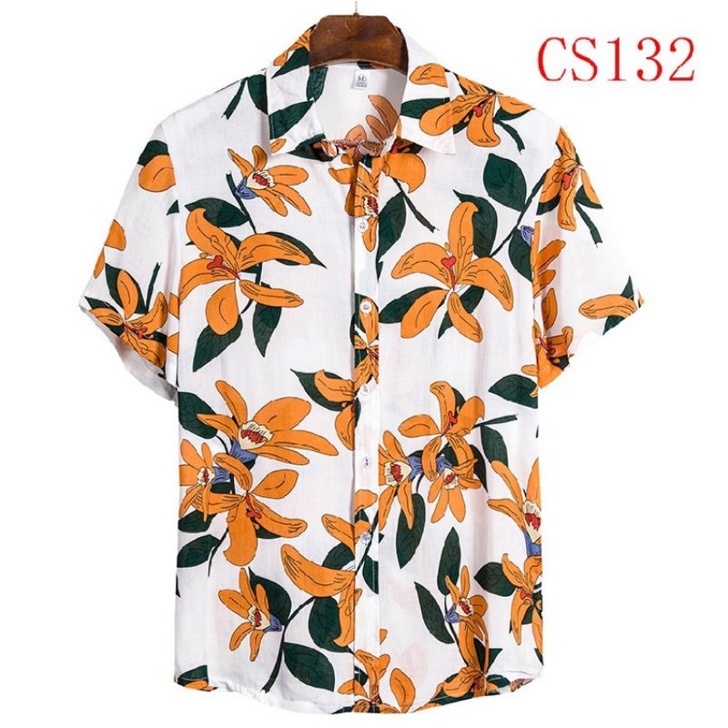 Męska Koszula Z Krótkim Rękawem Lapel Beach Style Shirt Casual Floral