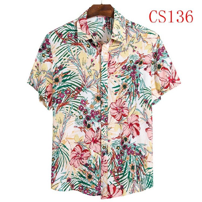 Męska Koszula Z Krótkim Rękawem Lapel Beach Style Shirt Casual Floral