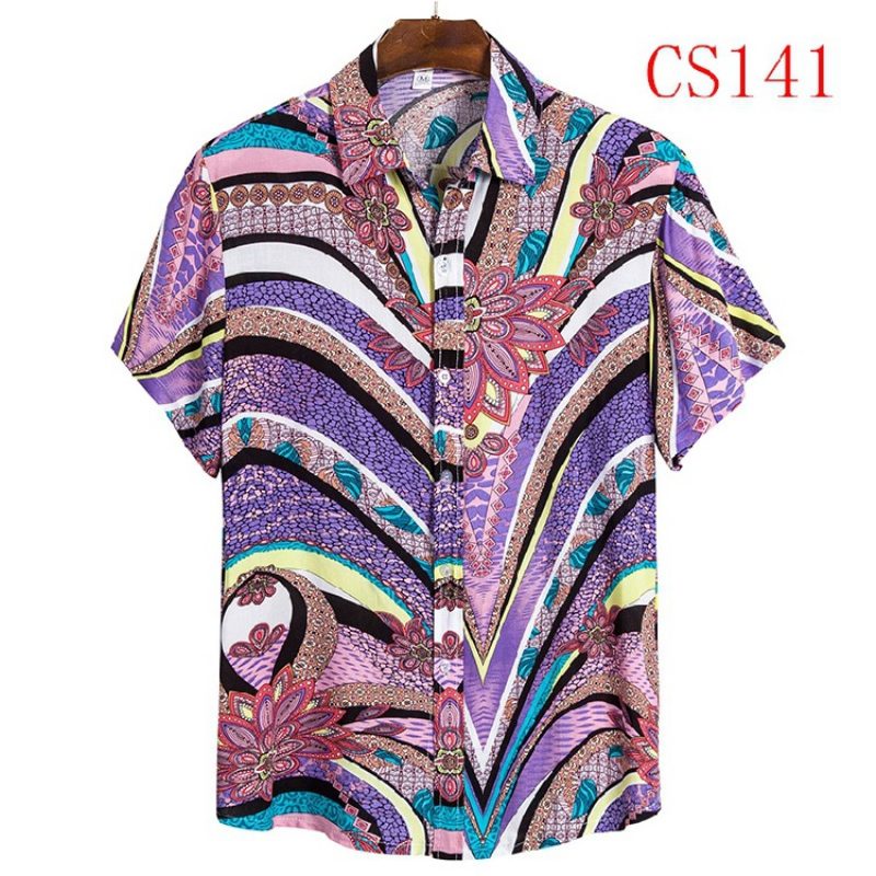 Męska Koszula Z Krótkim Rękawem Lapel Beach Style Shirt Casual Floral