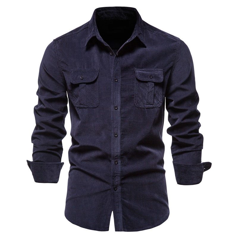 Sztruksowa Koszula Męska Slim Fit Casual Długi Rękaw Denim Blue