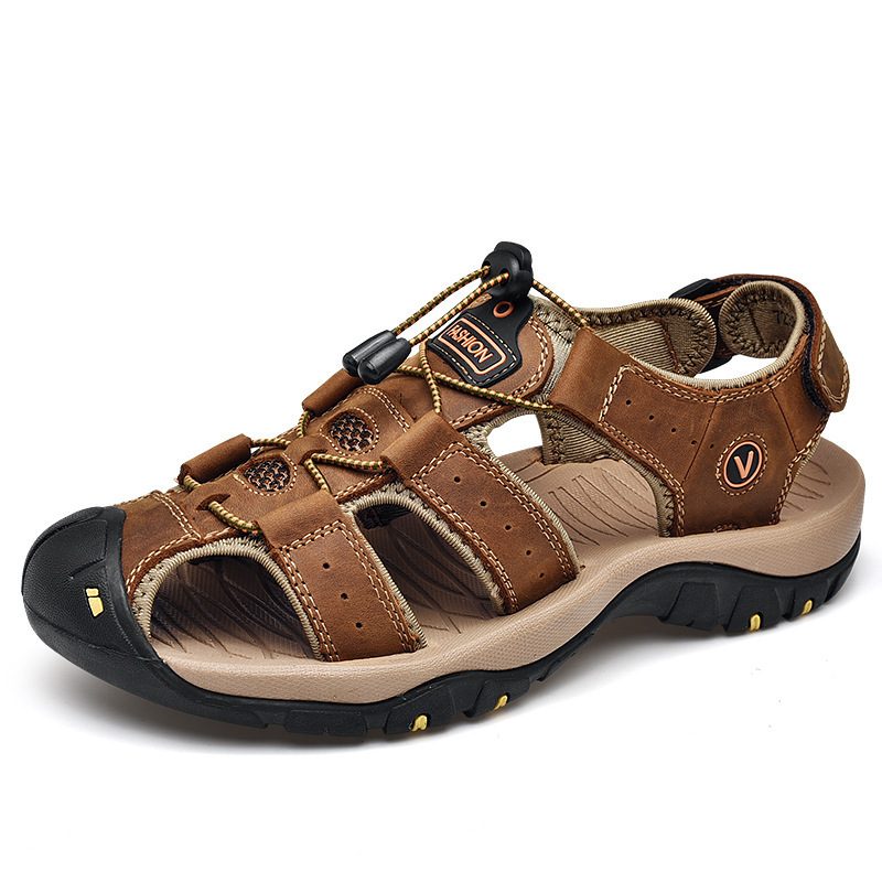 7239 Letnie Buty Męskie Outdoor Beach Shoes Sandały W Dużych Rozmiarach Baotou Velcro Leather Tide