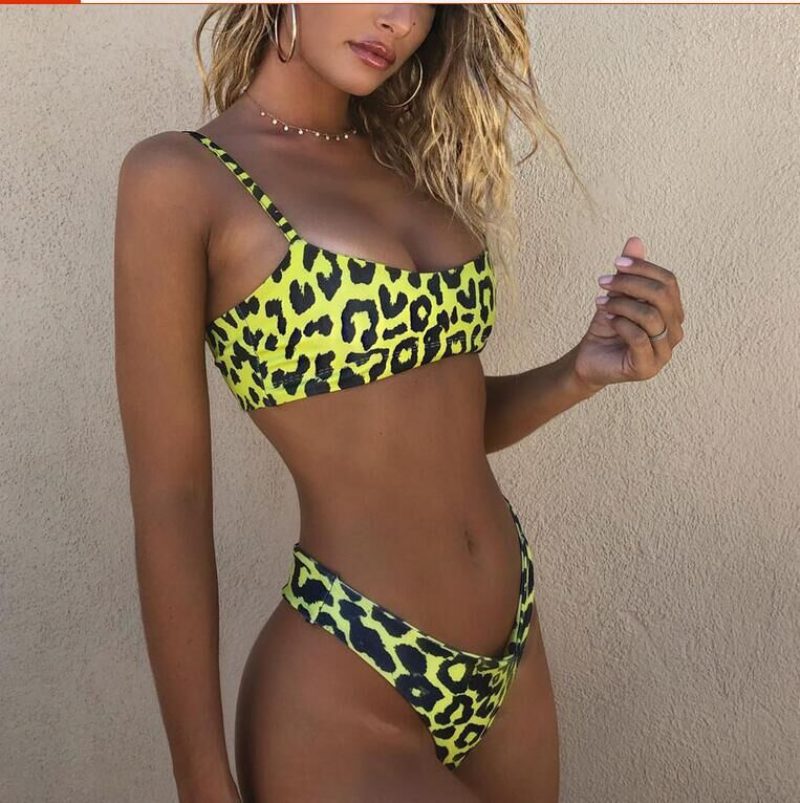 Sexy Leopard Bikini Stroje Kąpielowe Stock Proste Włosy