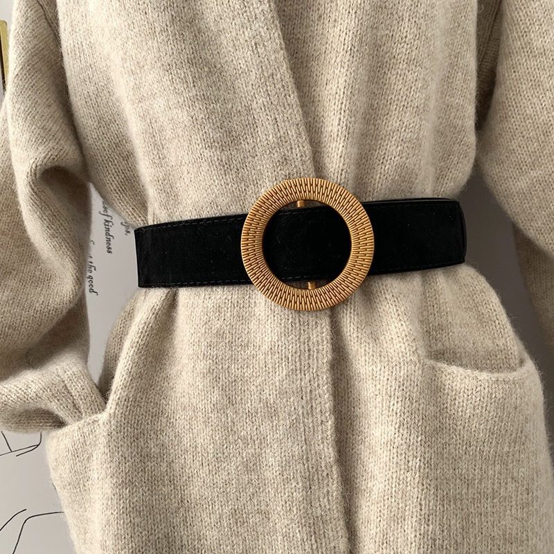 Damski Szeroki Pasek Suede Fashion Round Buckle Belt Sweter Czarny Pas