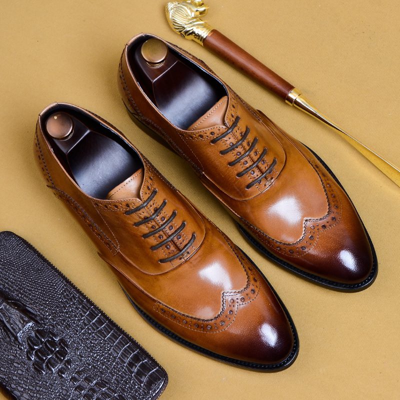 Buty Wizytowe Męskie Skórzane Rzeźbione Brogue Biznesowe Formalne Sukienka Pointy Toe Oxford